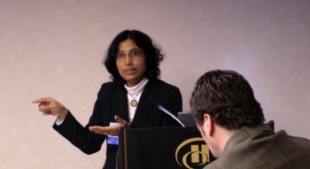 Manjusri Misra of Michigan State University makes a point during her presentation on sustainable green composites from natural fiber and bacterial polyesters.